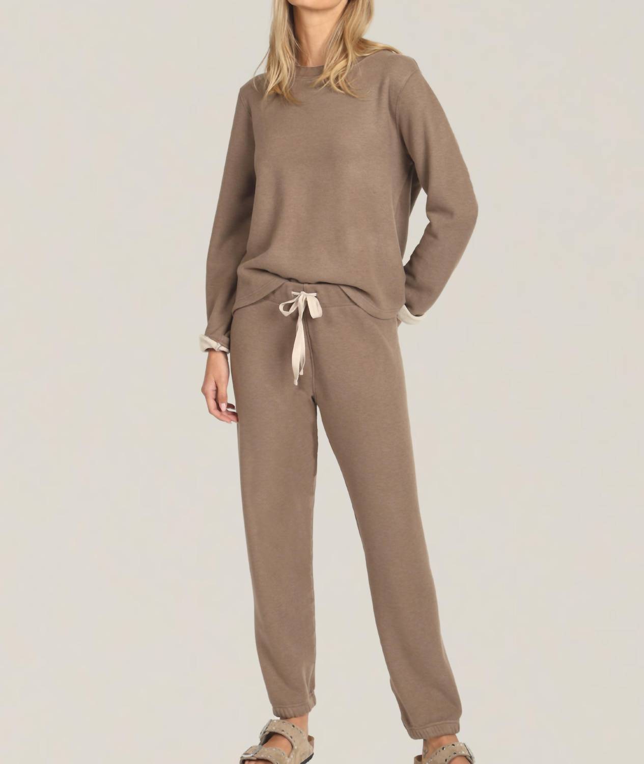 Dylan Dream Raw Edge Cuff Sweatshirt in soft brown - women's top