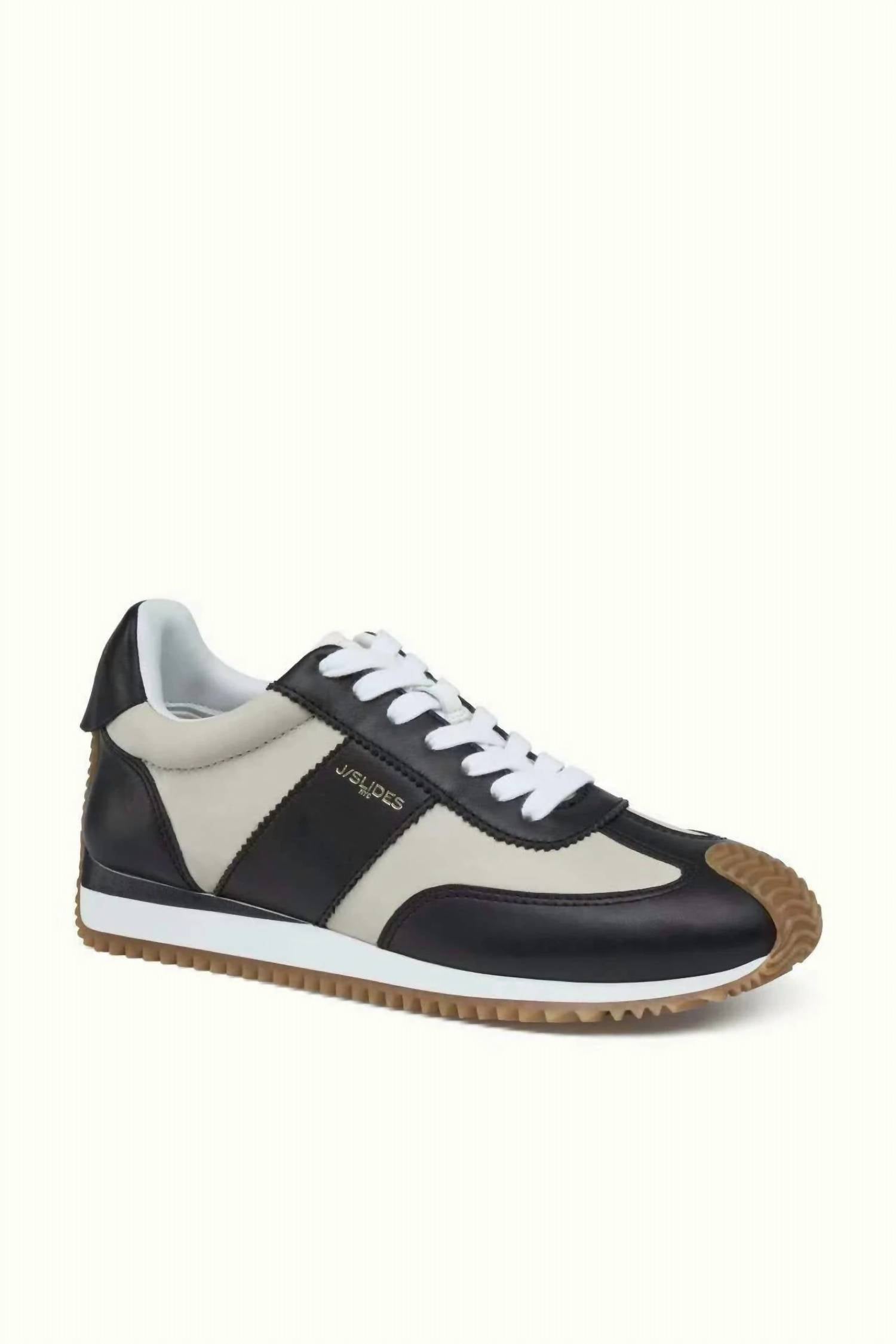 J/SLIDES Women's Leather Stripe Sneaker in black white - women's sneaker