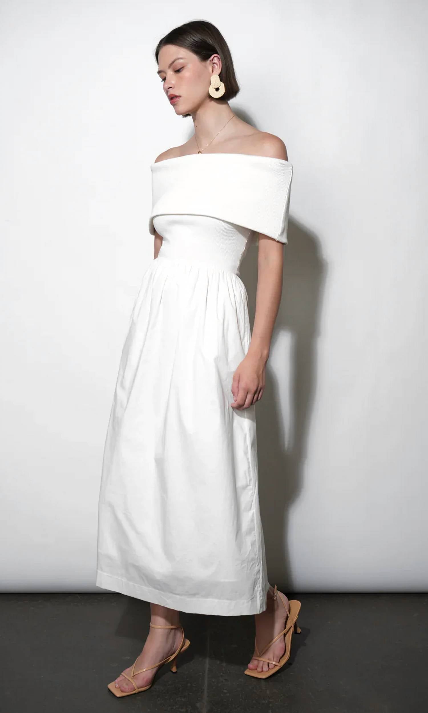 Greylin - Marjorie Mixed Media Off Shoulder Midi Dress