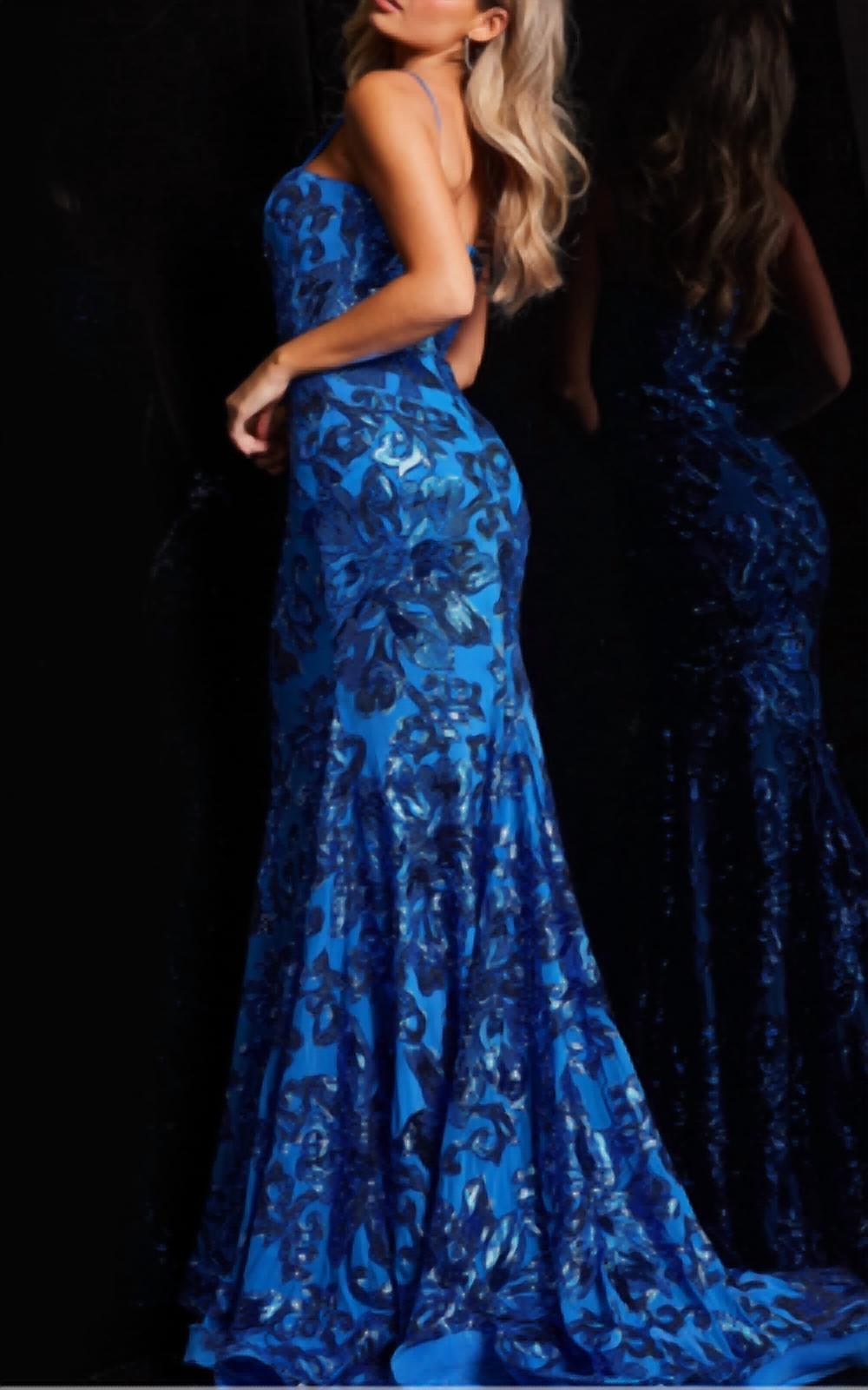 JOVANI Floral Shimmer Prom Formal Gown in blue multi - women's dress - detail view