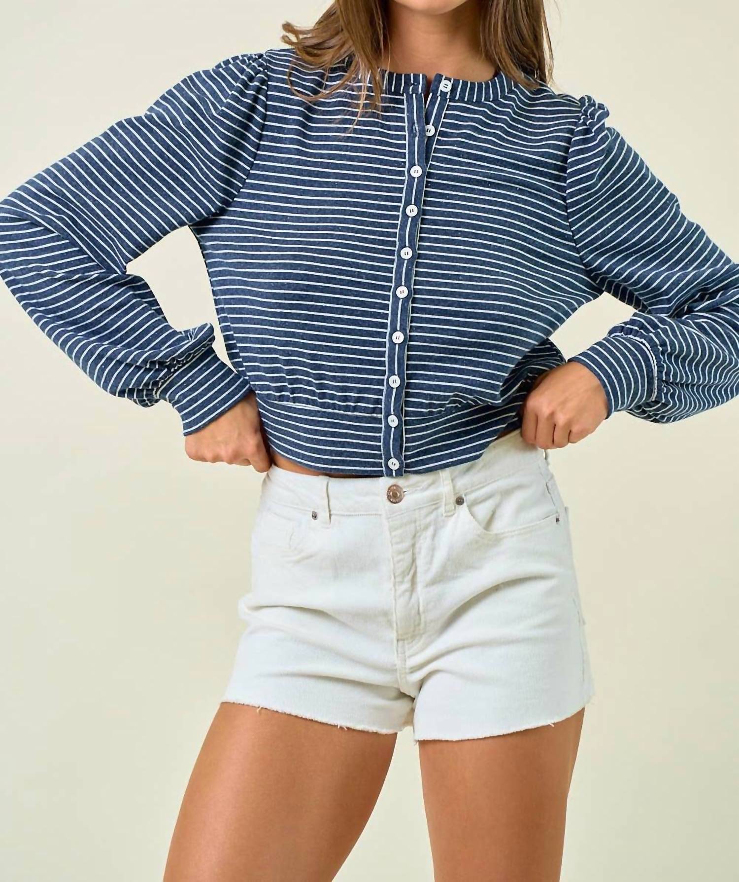 Doe And Rae - Striped Knit Button-front Blouson Top