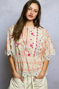 Pol - Floral Embroidered Lace Trim Print Light Blouse Top