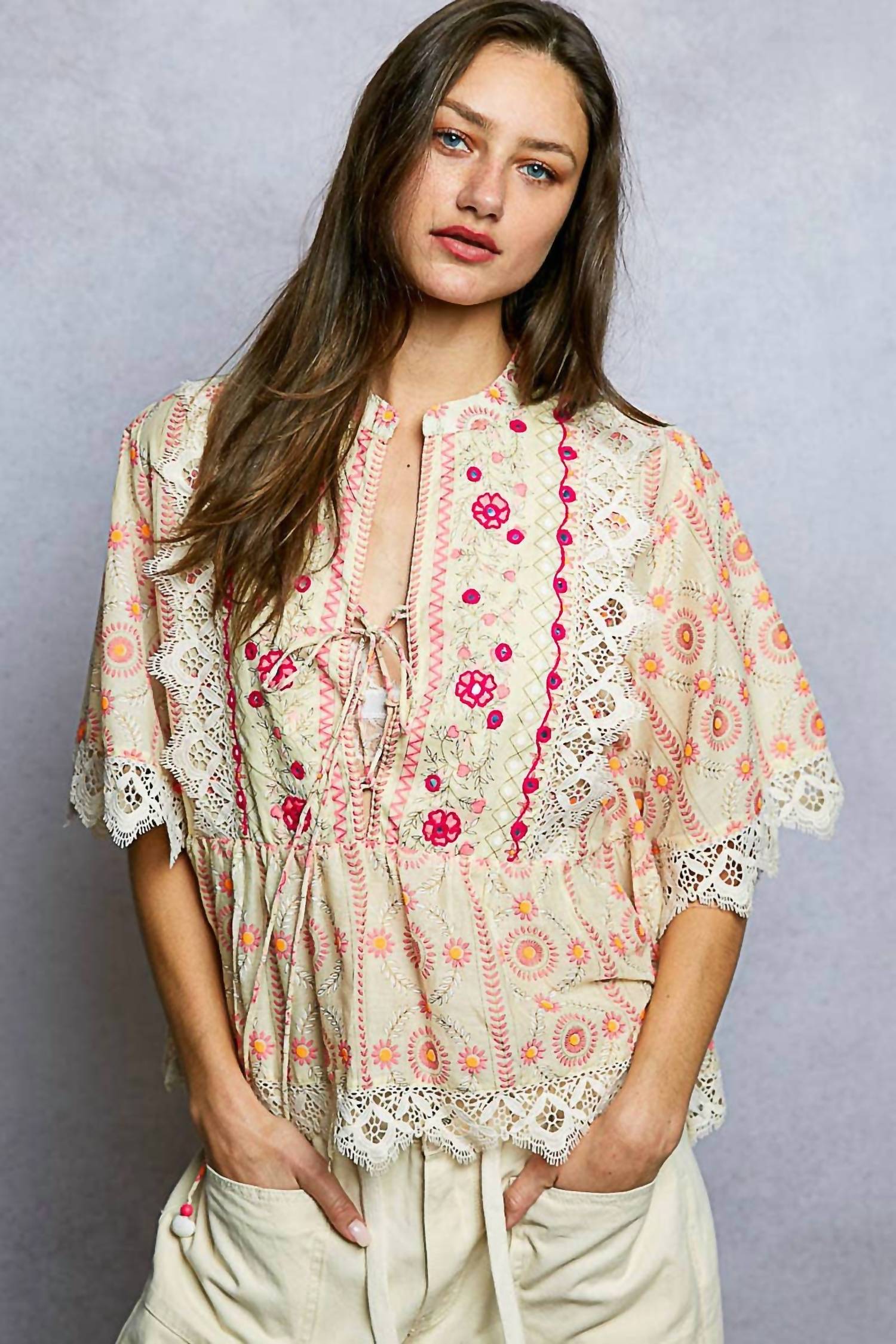 Pol - Floral Embroidered Lace Trim Print Light Blouse Top