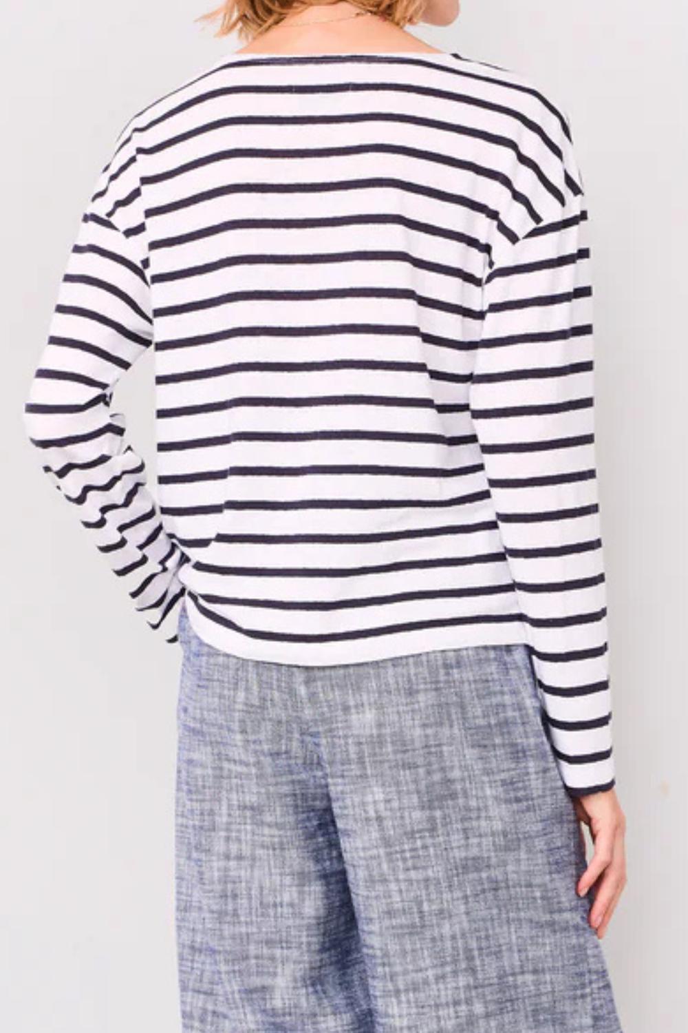 Officine Générale Dakota Long Sleeve Stripe Tee in navy white - women's long sleeve top - detail view