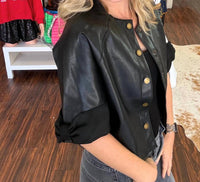 Miou Muse - Suede Trim Short Sleeve Faux Leather Jacket
