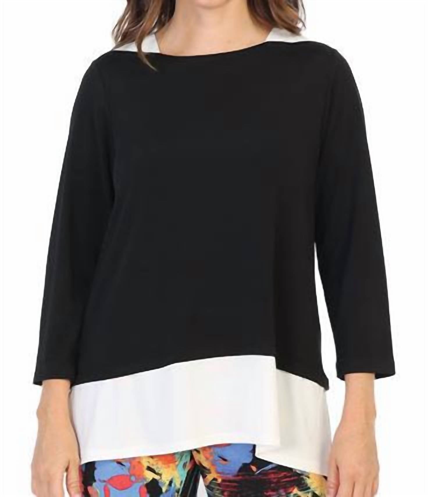Jess & Jane Ity Knit Contrast Top in black ivory - women's shirt