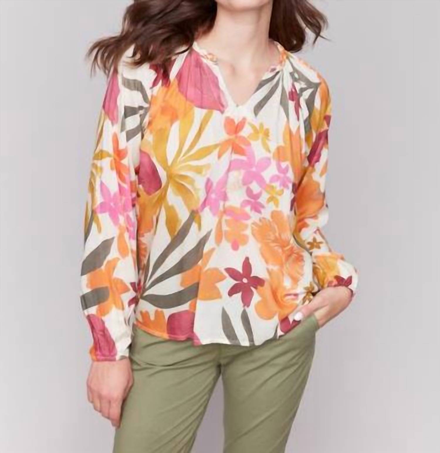 Charlie B - Women's Printed Raglan Long Sleeve Bouquet Top