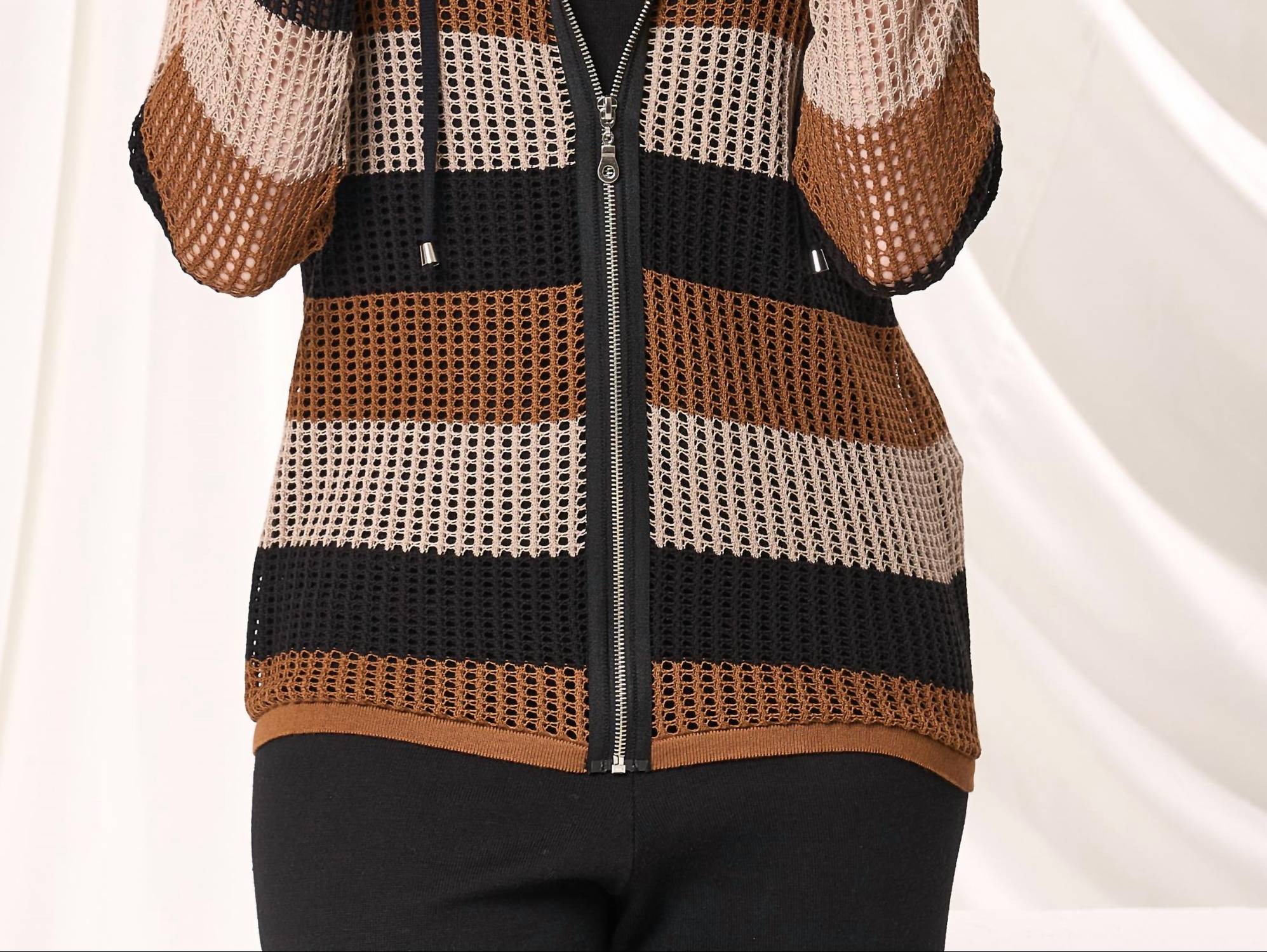 Angel Apparel Stripe Crochet Zip Up Hoodie in black mocha - women's top