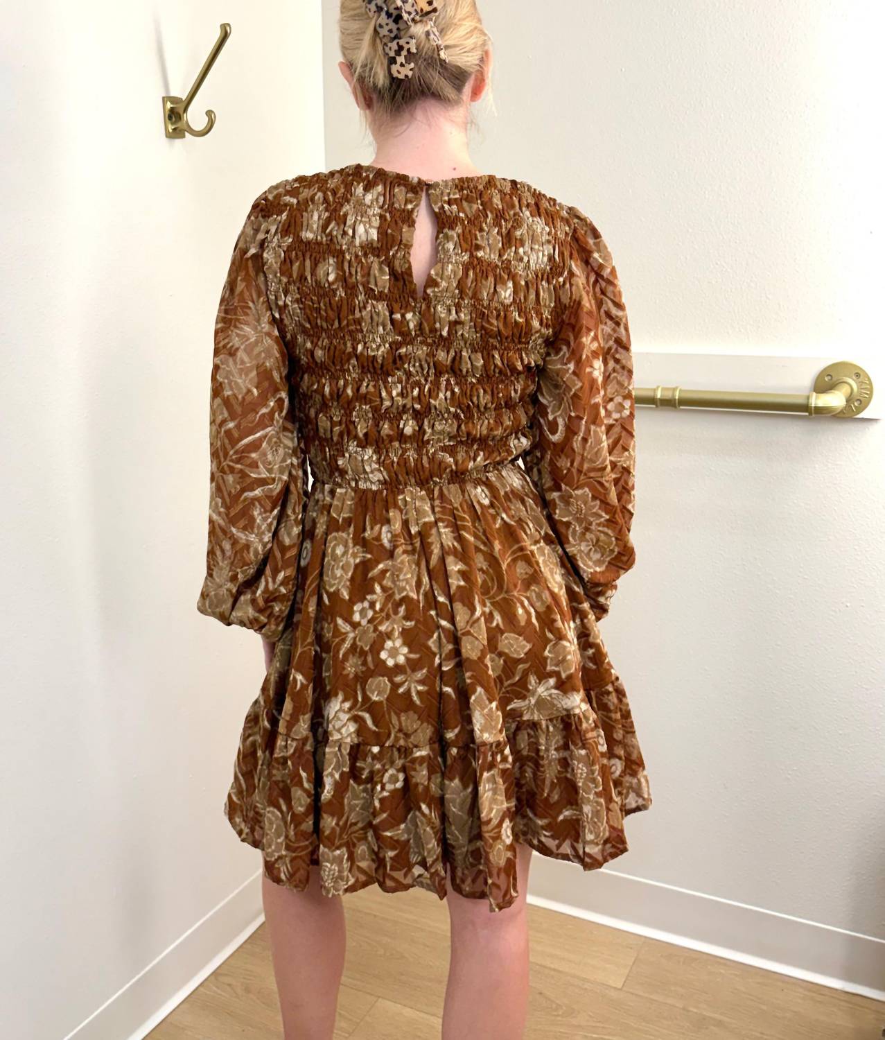 FLYING TOMATO Smocked Printed Mini Dress in brown - women's dress - detail view