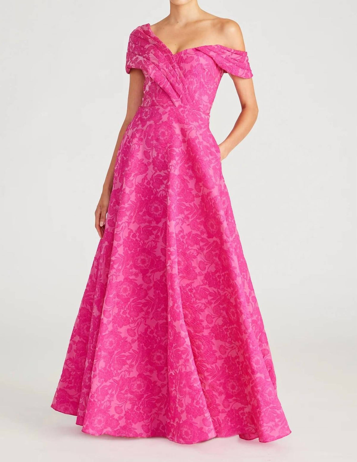 THEIA Marlene Cloud Jacquard Evening Gown in passionfruit - women's dress - detail view