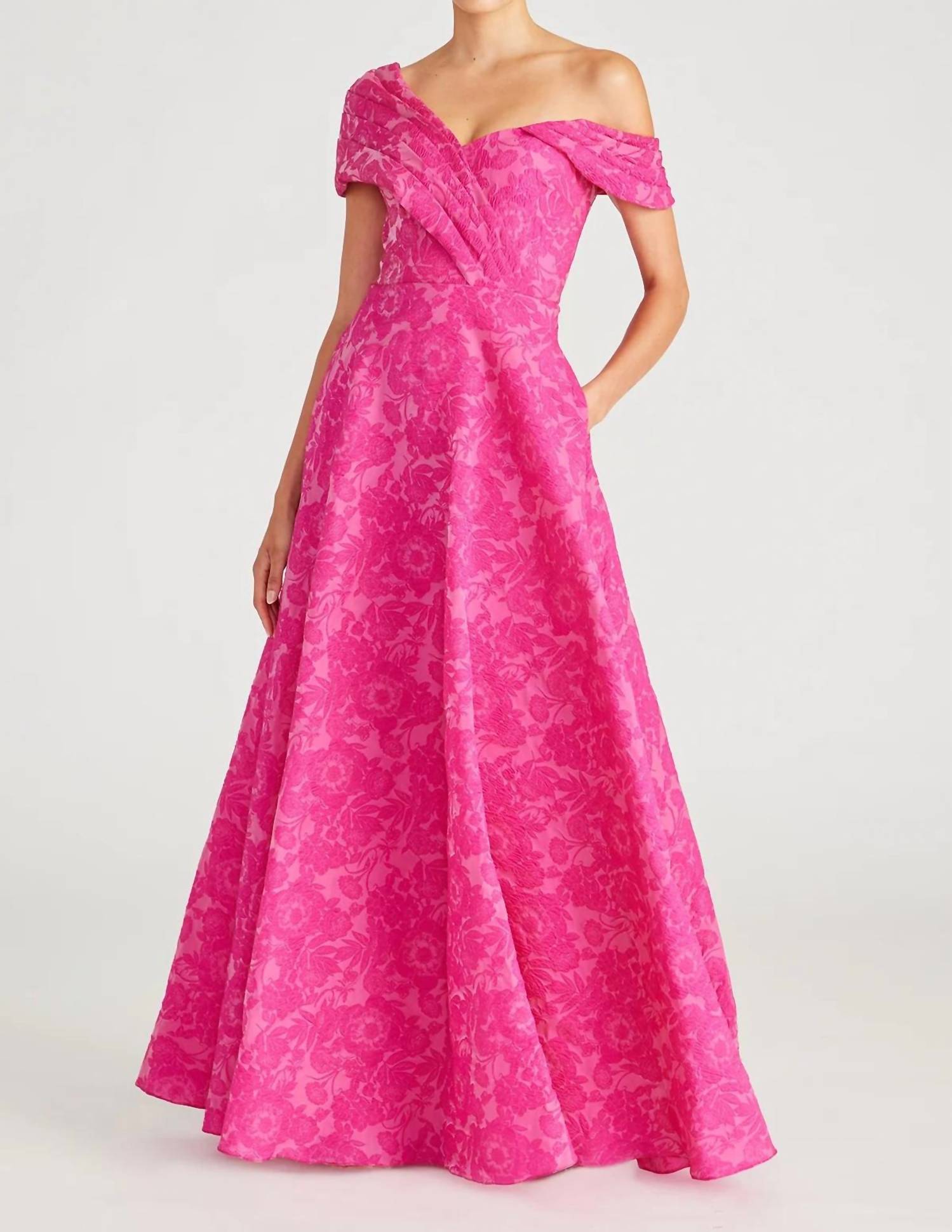 THEIA Marlene Cloud Jacquard Evening Gown in passionfruit - women's dress - detail view