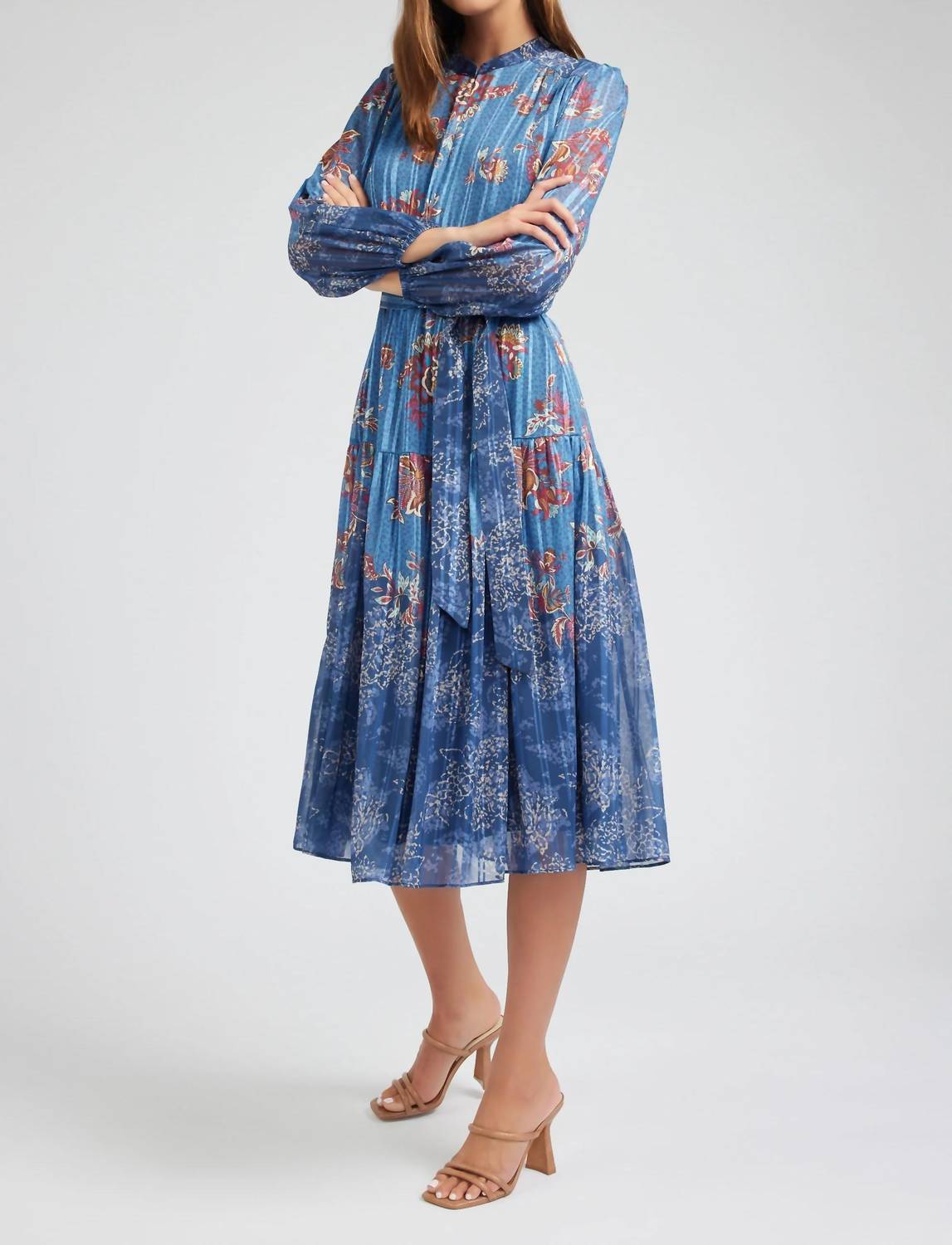 Current Air - Floral Mandarin Collar Midi Dress