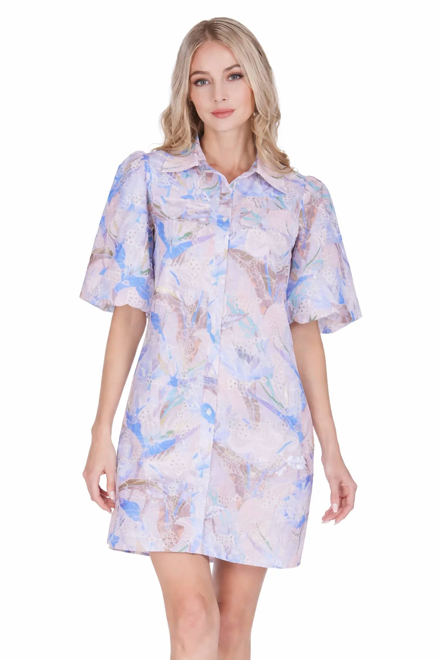 Joy Joy - Puff Sleeve Fitted Shirt Mini Dress