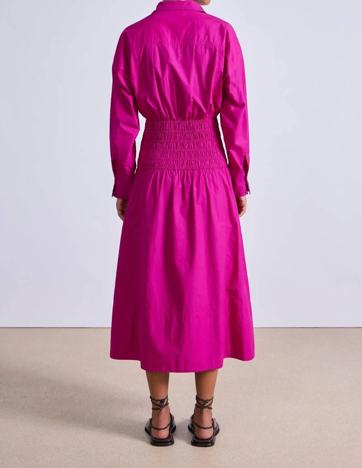APIECE APART Sophia Smocked Shirt Midi Dress in fuchsia - women's dress - alternate view