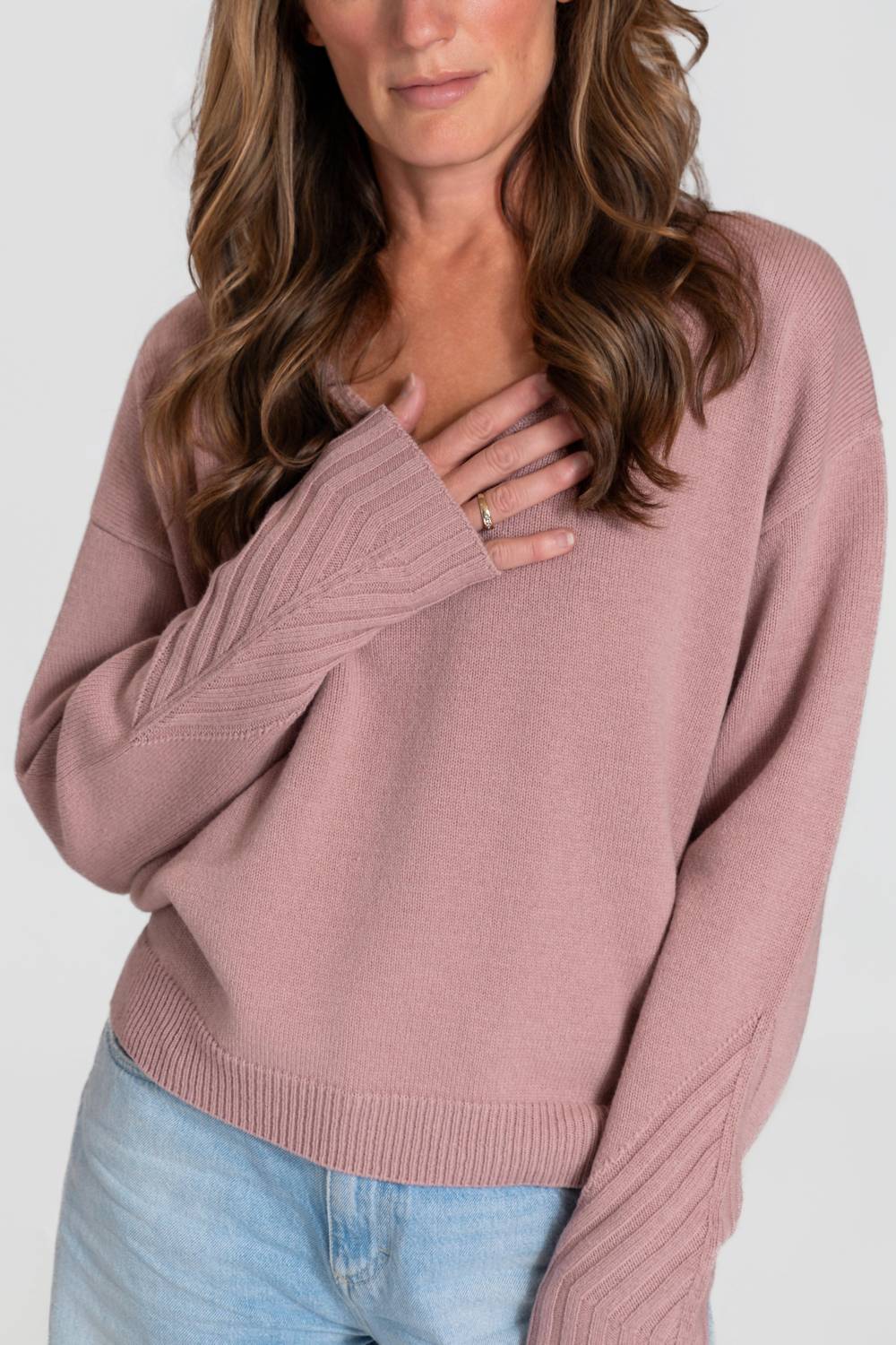MAJESTIC FILATURES Long Sleeve V-neck Sweater in rosewood - women's sweater - alternate view