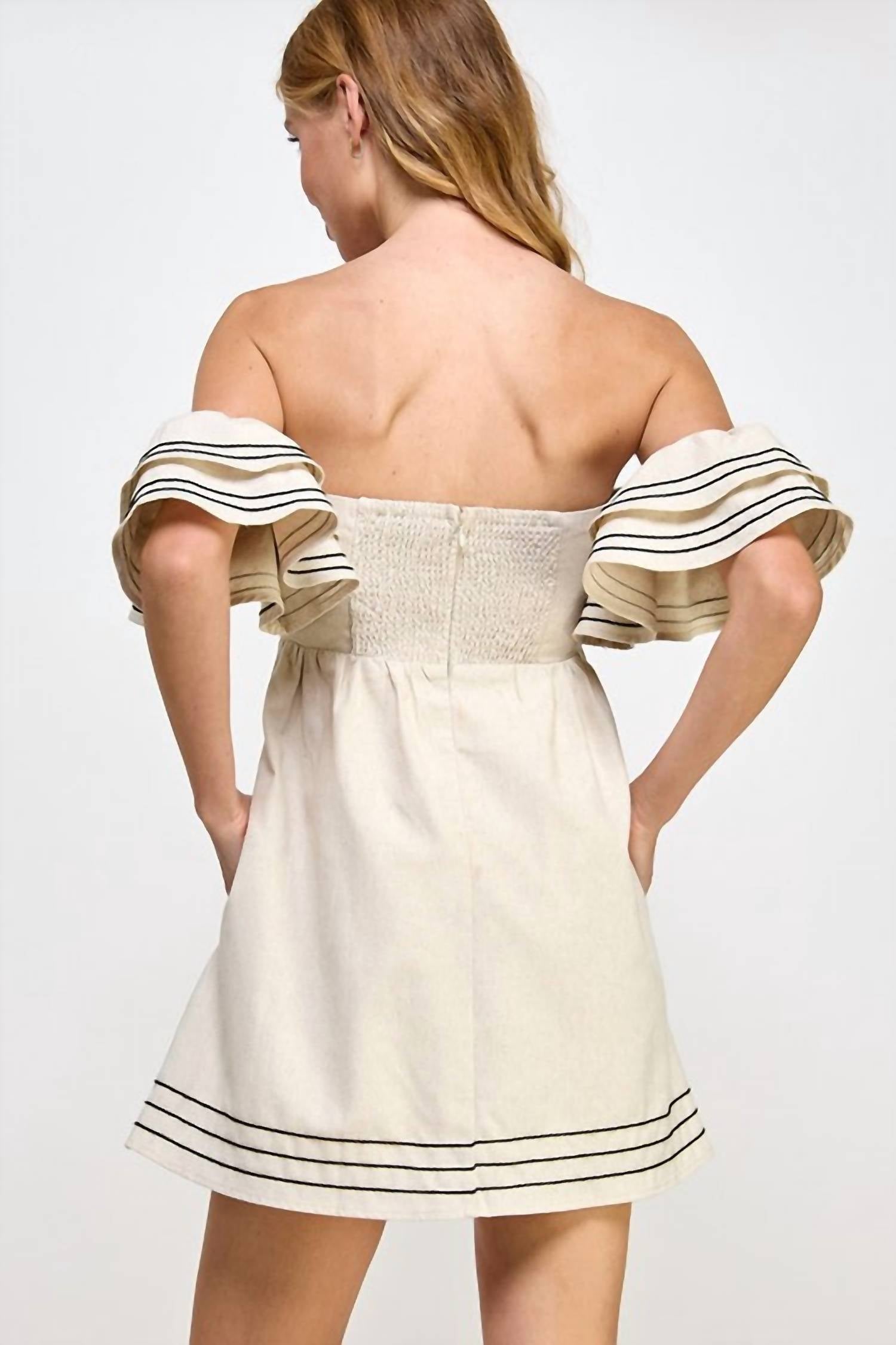 Strut & Bolt - Off Shoulder Embroidered Linen Mini Dress