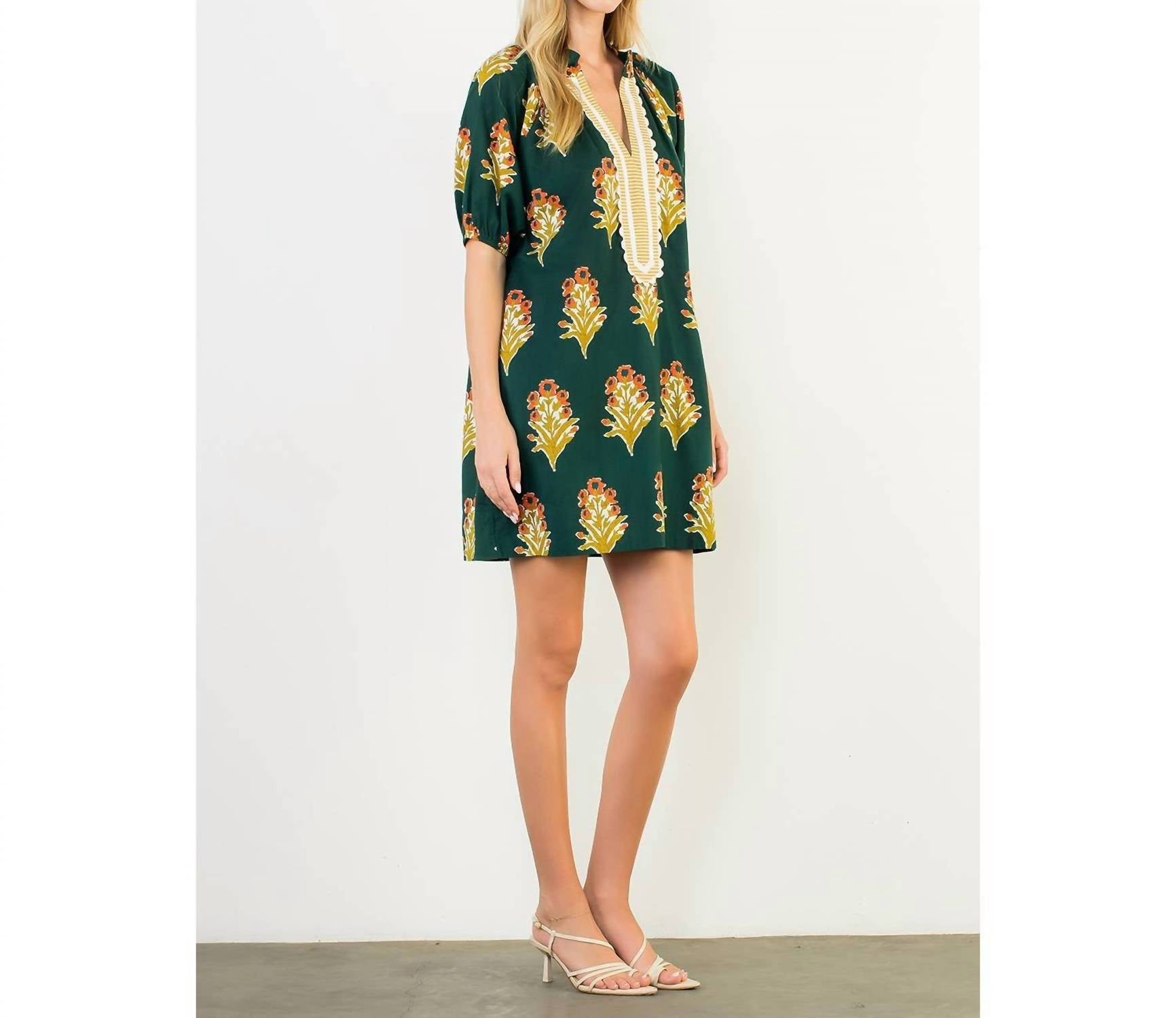THML Floral Print V-neck Striped Detail Dress in green - women's dress - detail view