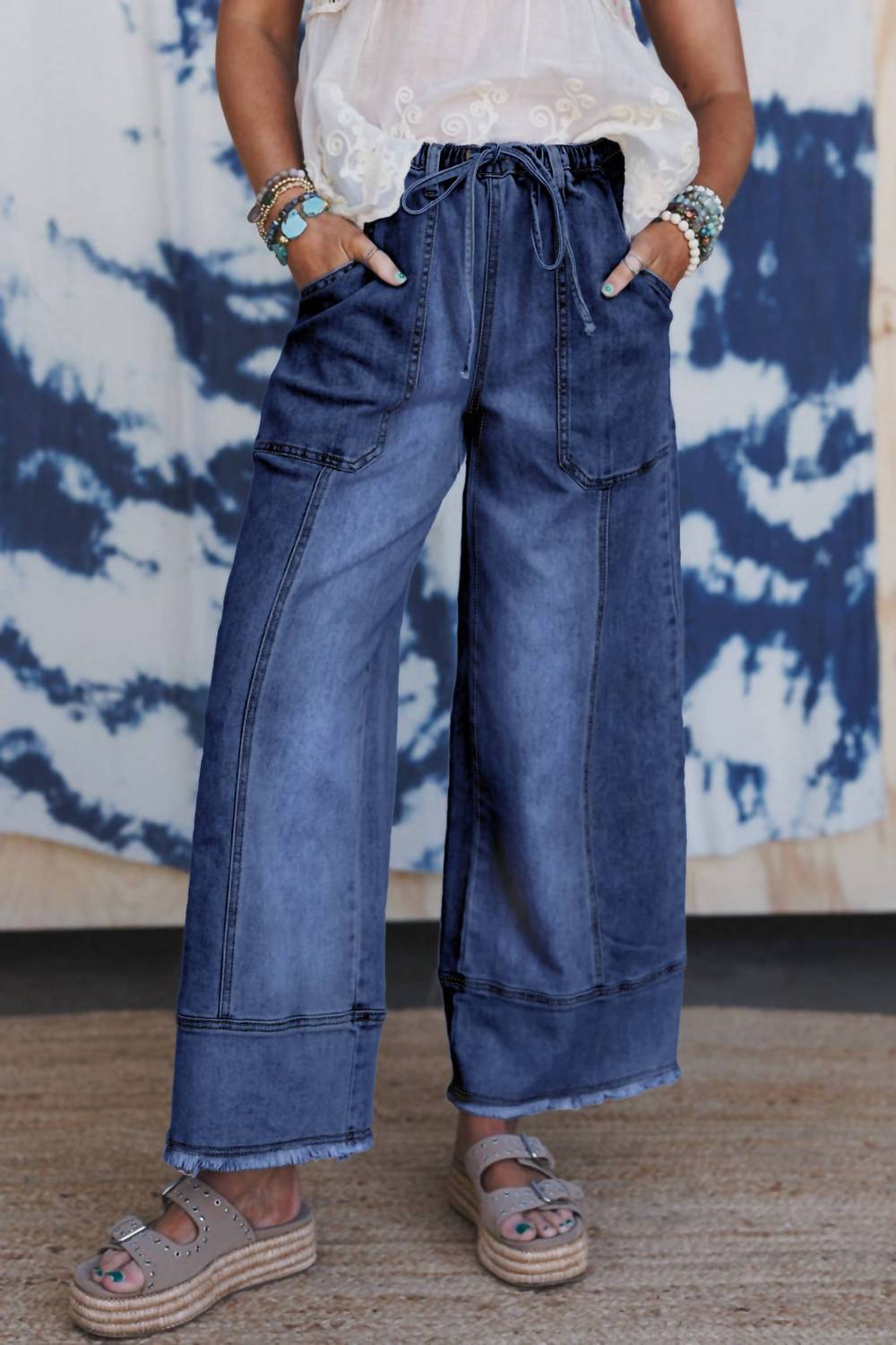 Little Daisy Closet - Coastal Wide Leg Raw Hem Drawstring Jeans