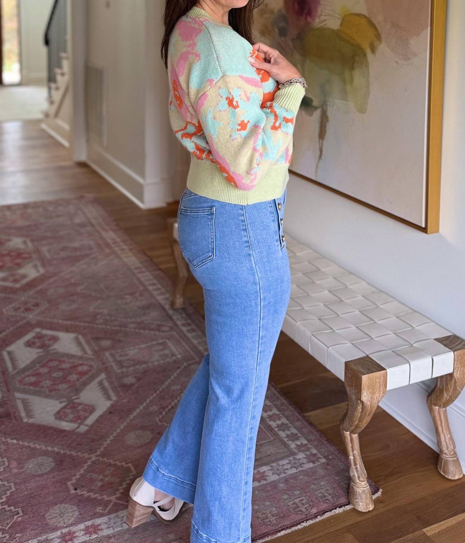 DAVI & DANI Sunset Garden Long Sleeve Sweater in blue - women's sweater - alternate view