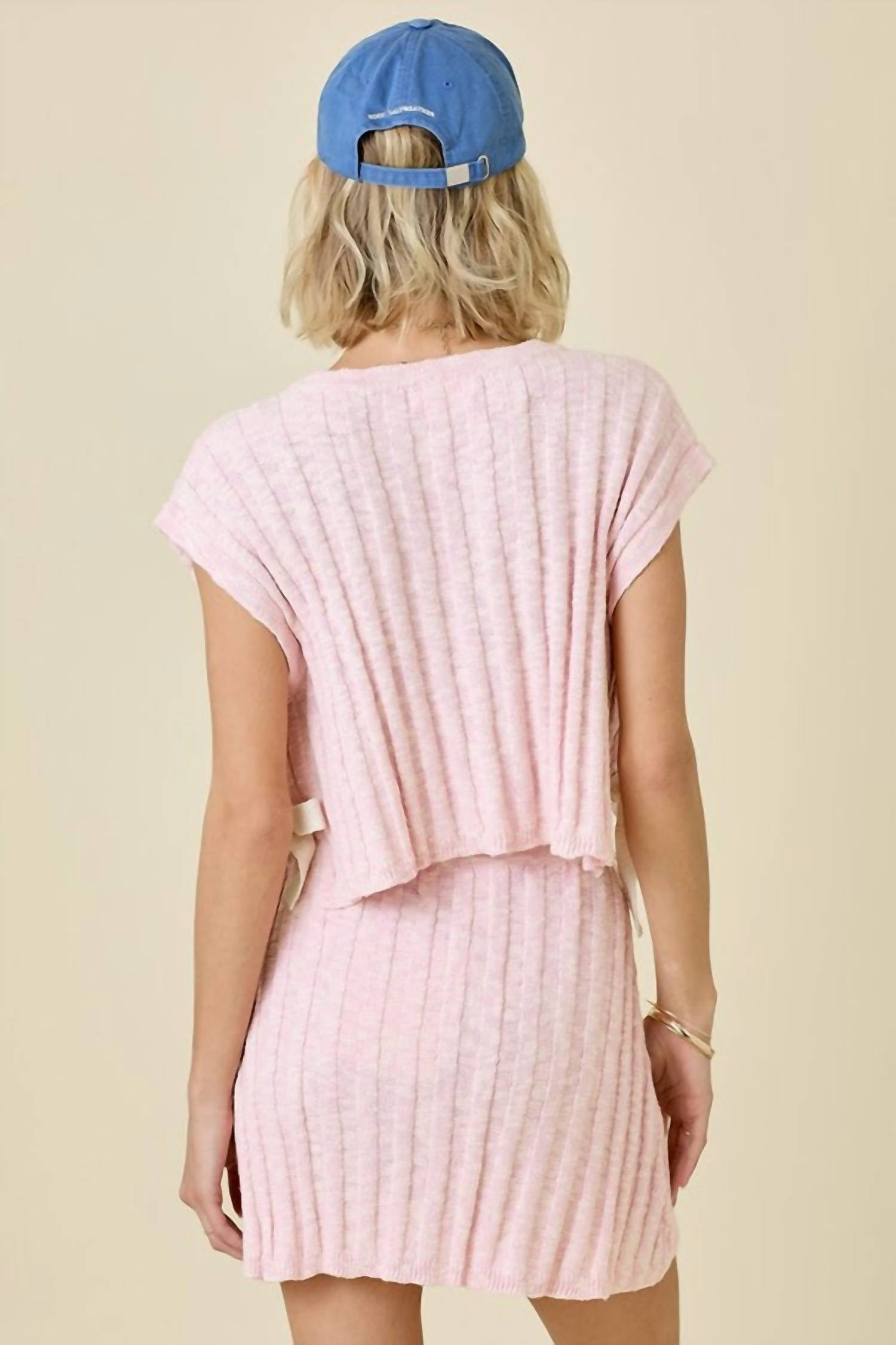 day + moon Cap Sleeve V-neck Sweater Skirt Set in baby pink - women's skirt - detail view