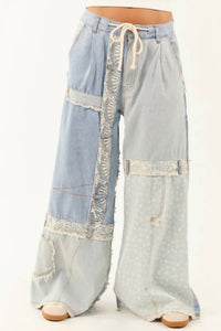 Pol - Patchwork Raw Edge Lace Accent Wide Leg Pants