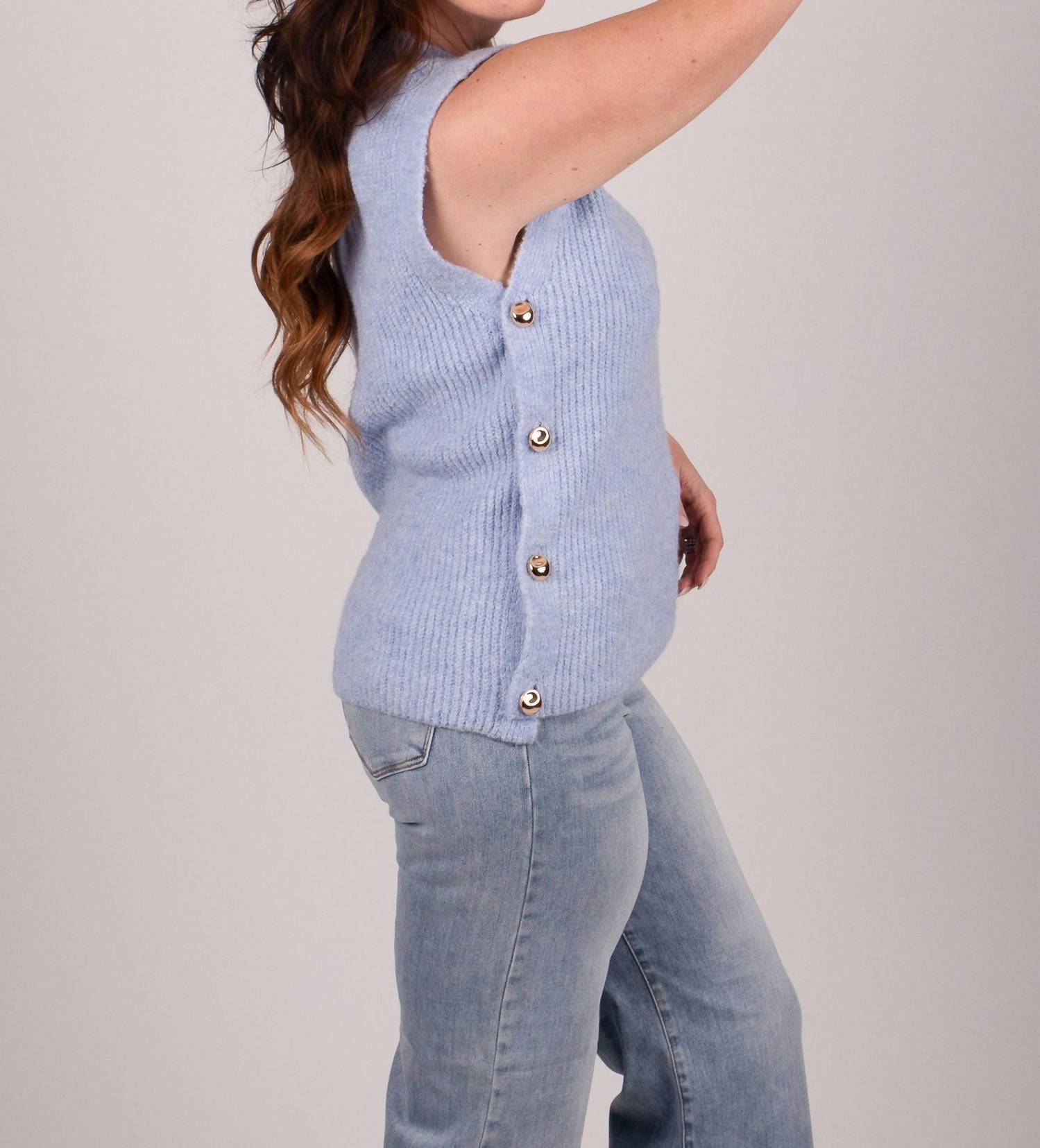 Q2 Regal Row Knit Top in baby blue - women's blouse - detail view