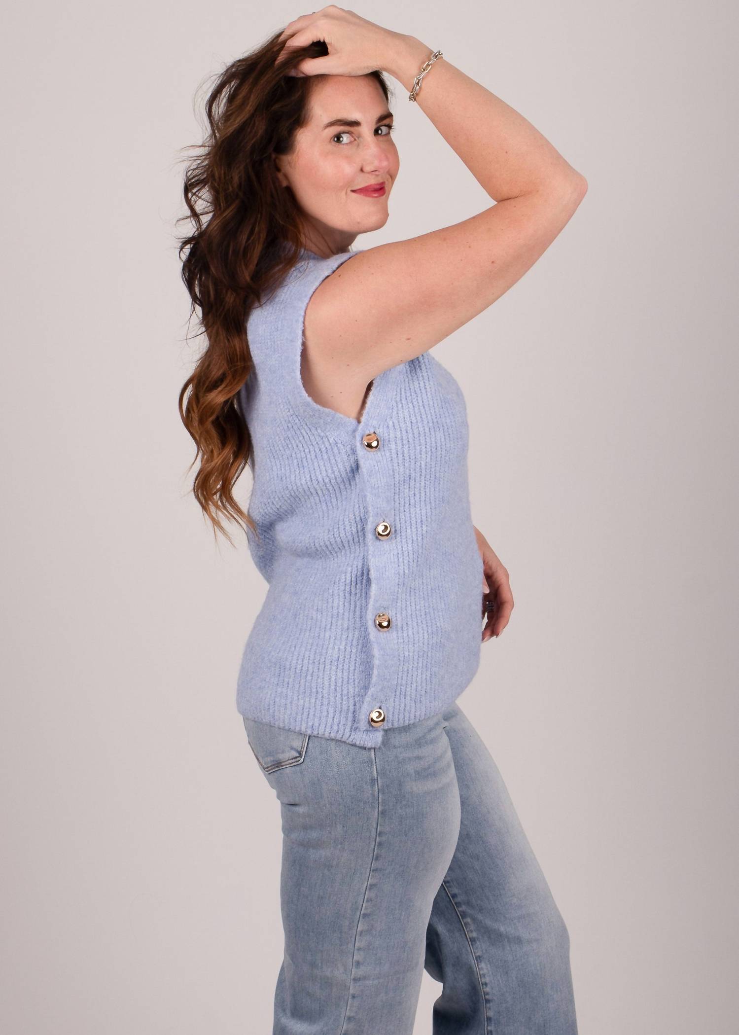Q2 Regal Row Knit Top in baby blue - women's blouse - alternate view