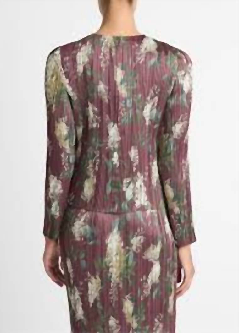 Vince Micro-pleated Satin Top in dark bordeaux - women's long sleeve top - detail view
