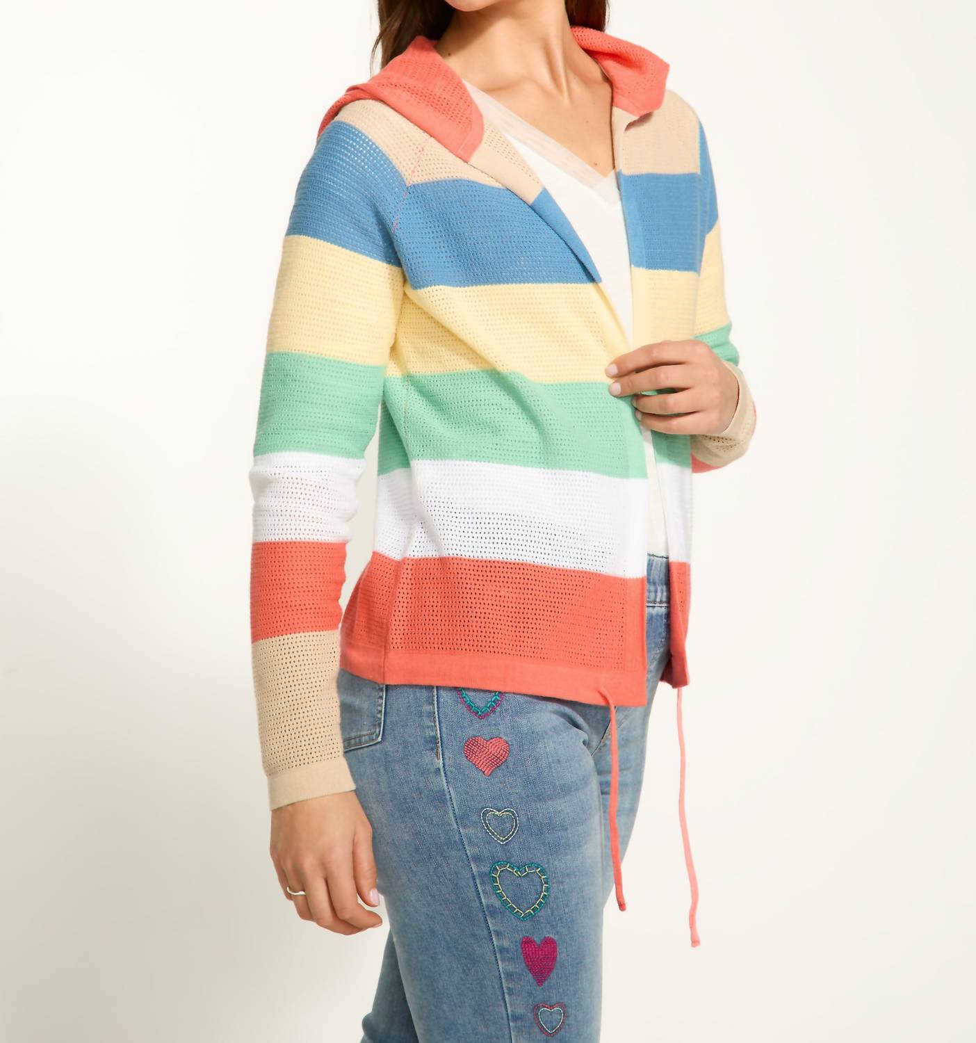 Fdj - Striped Pointelle Hooded Cardigan