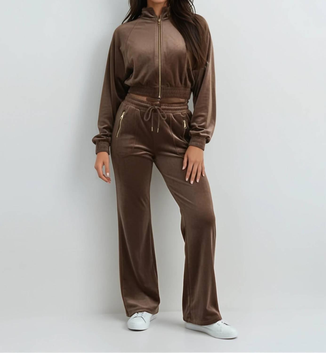 Malibu Road Luxe Velour Tracksuit Set in brown - women's sleepwear - detail view
