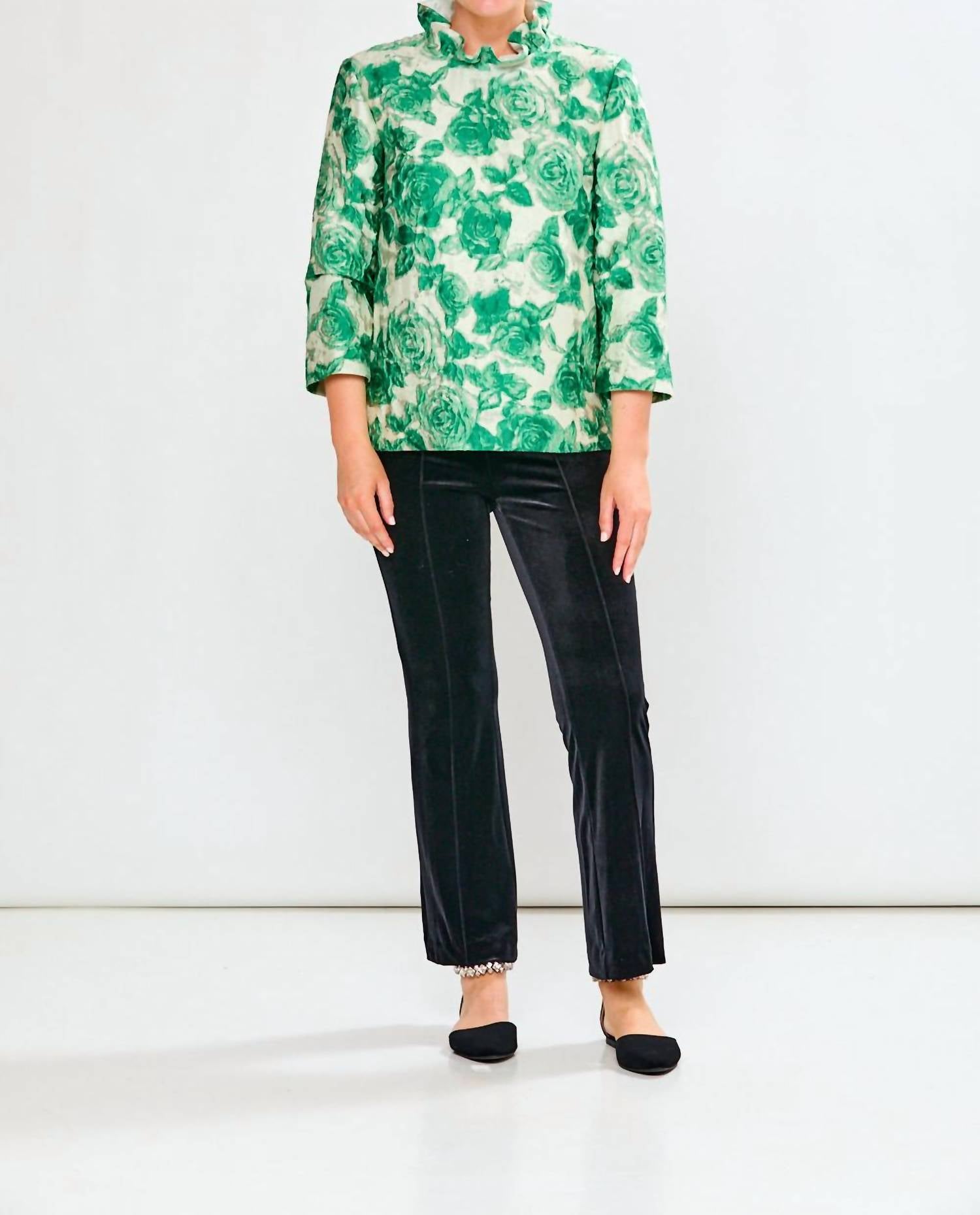 SARA CAMPBELL Finch A-line Blouse in green roses - women's blouse - alternate view