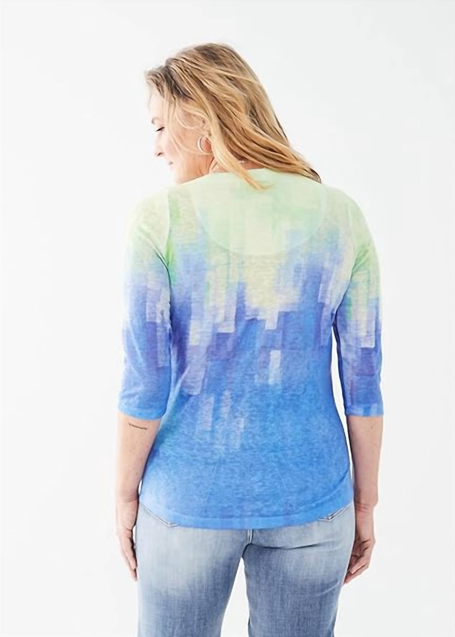 FDJ Nisa Notch Neck Three Quarter Sleeve Jersey Top in mojito gradient - women's shirt - detail view