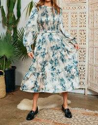 Hayden La - Botanical Print Smocked Bodice Satin Dress