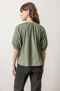 Lilla P - Loose Knit Slub Shirred Split Neck Tee
