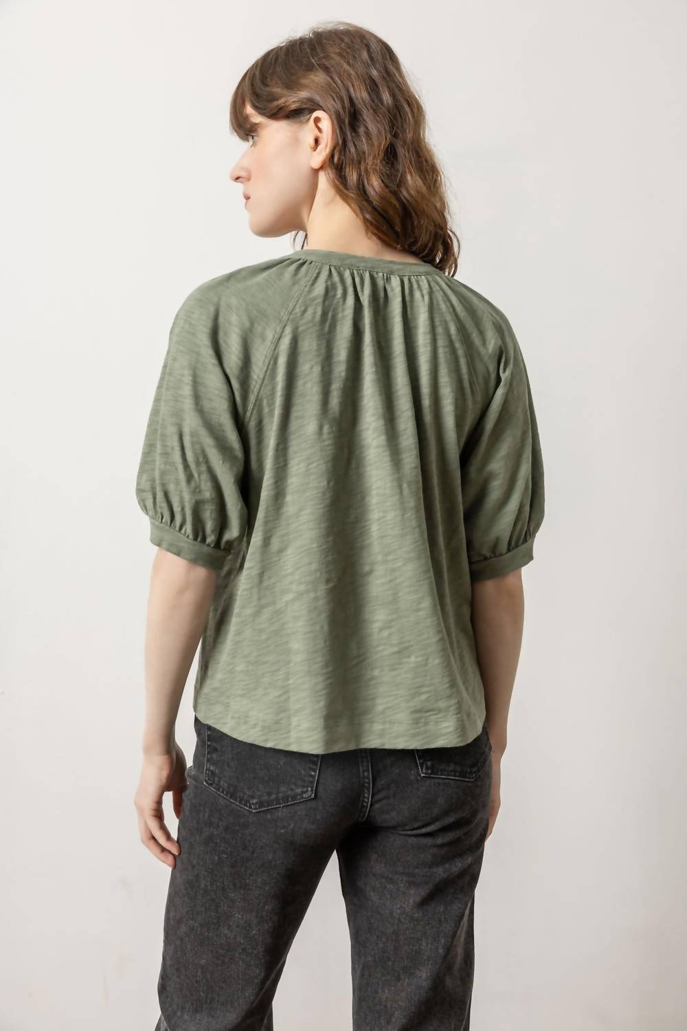 Lilla P - Loose Knit Slub Shirred Split Neck Tee