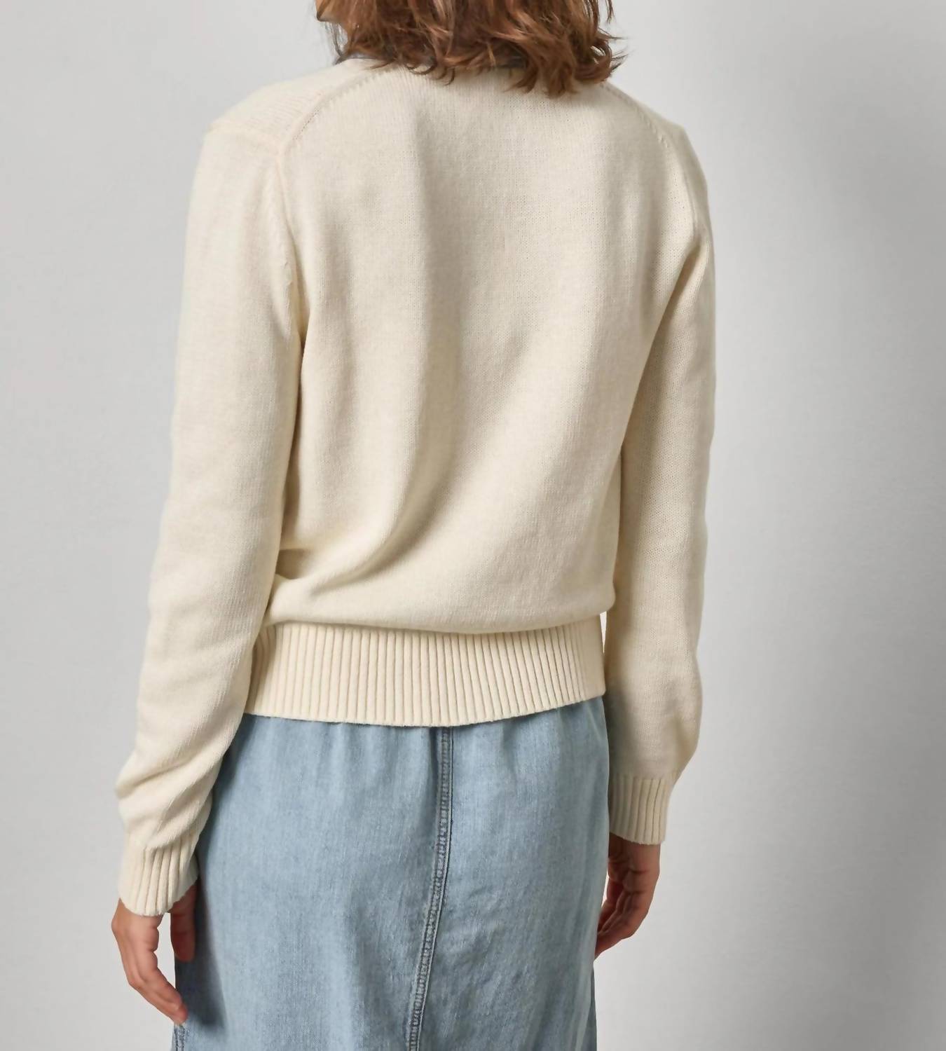 Lilla P Denim Collar Polo Sweater in off white - women's top - alternate view