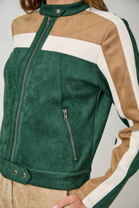 mystree Colorblock Faux Suede Racer Jacket in green mix - women's jacket - view 5