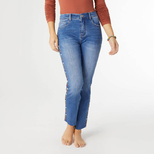 Coco + Carmen - Everstretch Straight Ankle With Multi Colored Embroidered Stripe