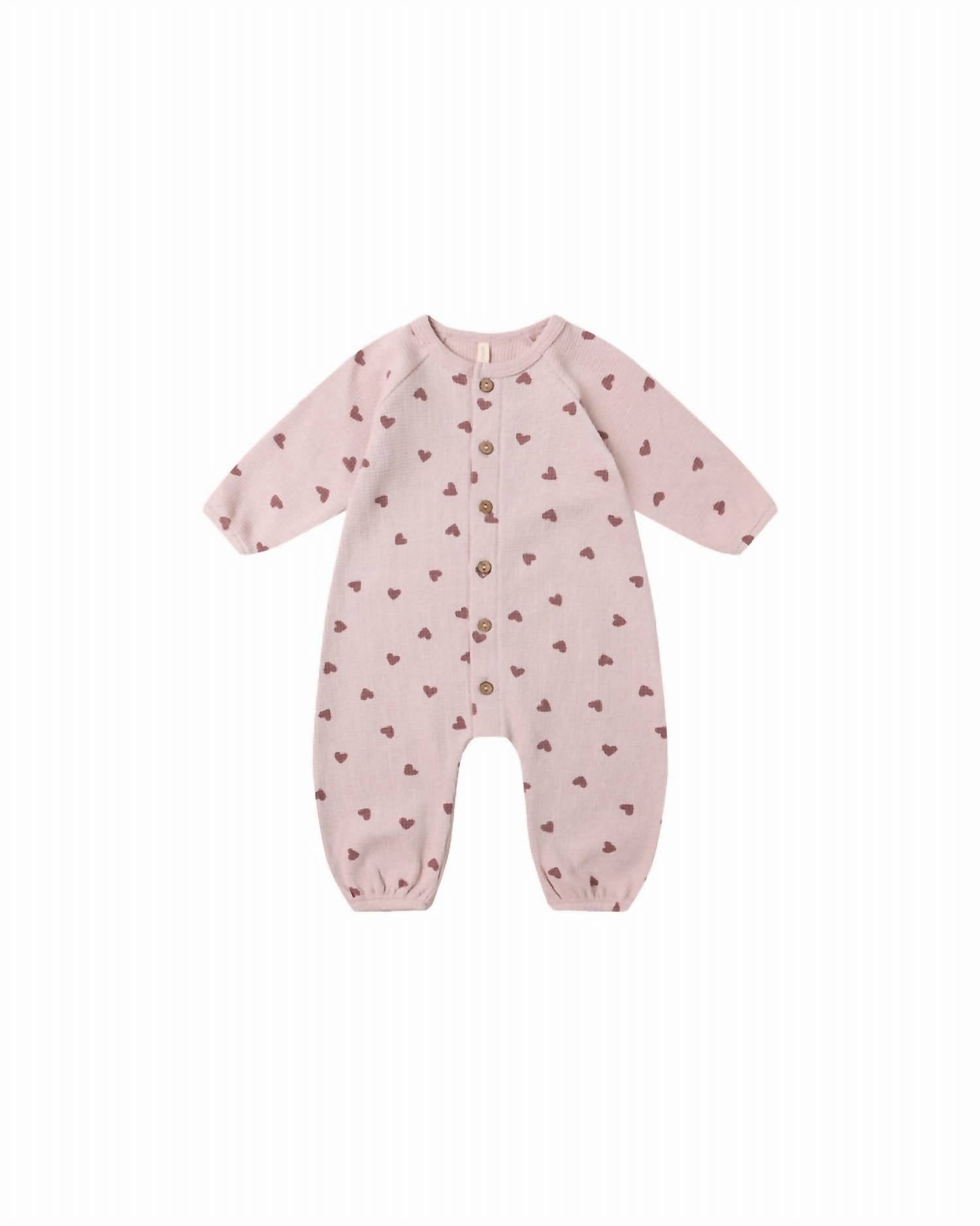 Quincy Mae Waffle Long Sleeve Jumpsuit in hearts - kids' item - detail view