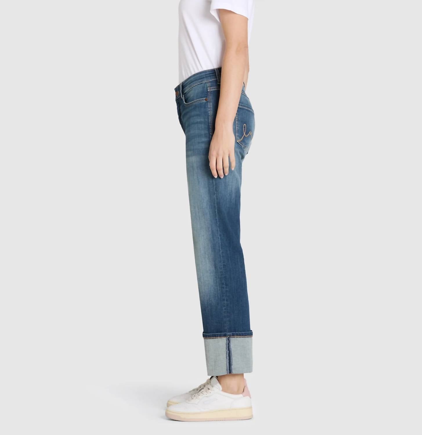 M.A.B.E. Laura Straight Turn Up Jeans in fancy nonrepair - women's jeans - detail view