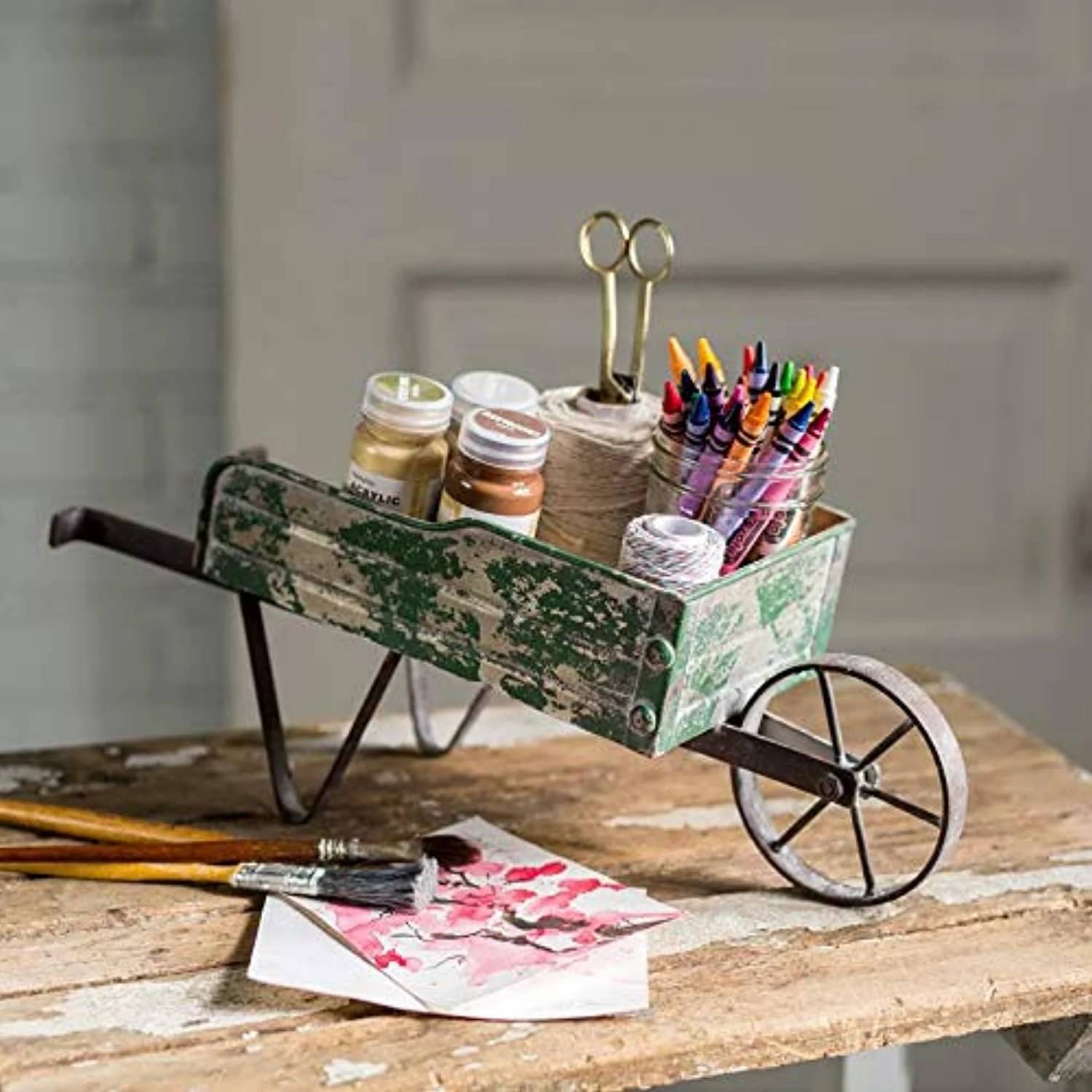Ctw Home Collection - Distressed Metal Tabletop Wheelbarrow Caddy