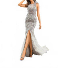 Terani Couture - Glamorous Evening Prom Halter Mermaid Slit Formal Tulle Dress