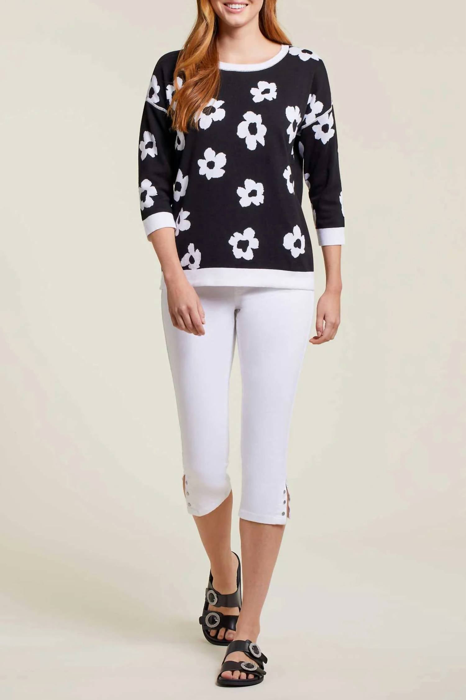 TRIBAL Rosalie Reversible Daisy Sweater in black and white - women's sweater - view 4