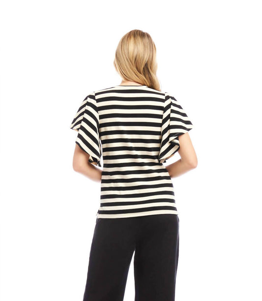 Karen Kane - Women's Stripe Flutter Sleeve V Neck Top