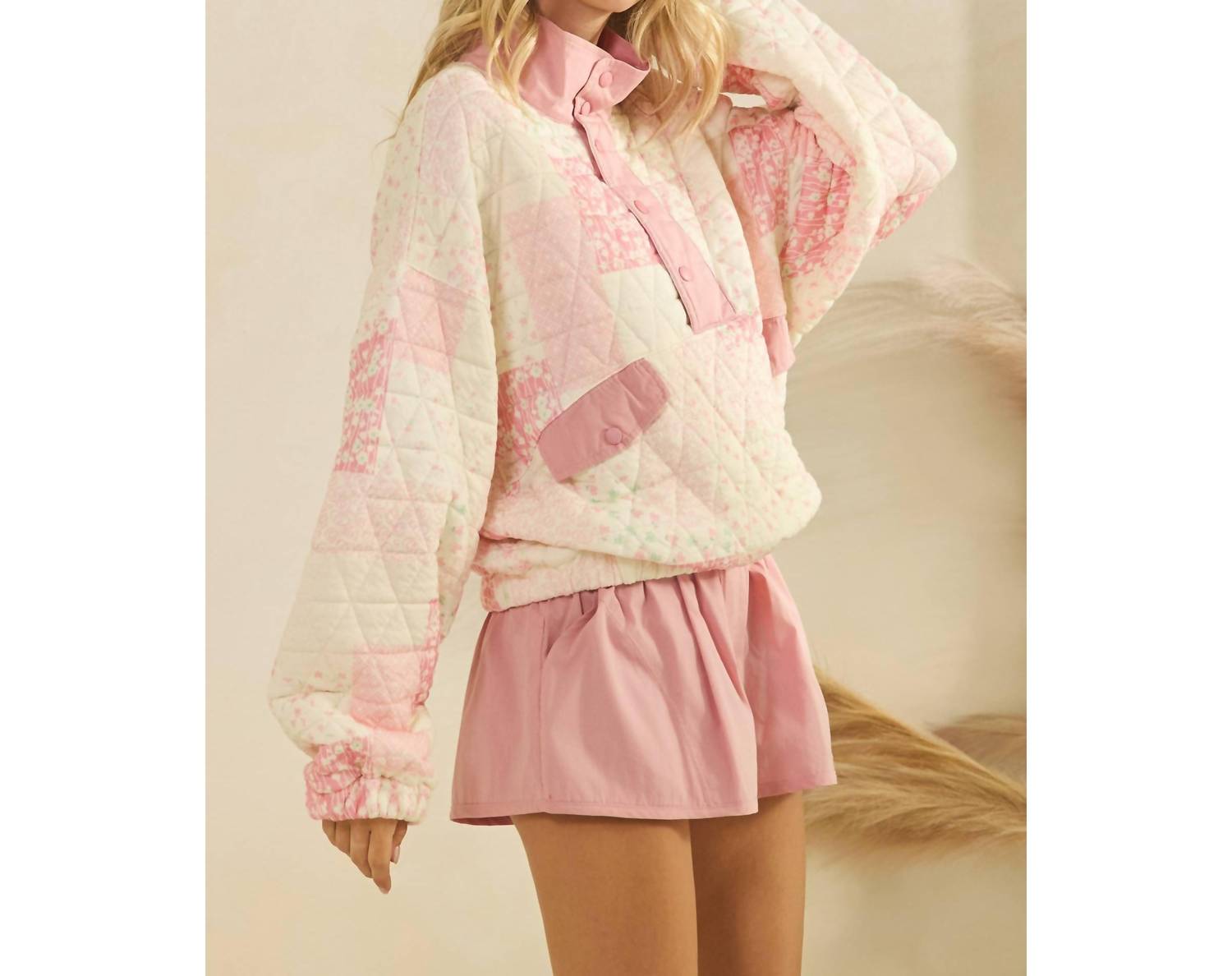 Veveret Textured Contrast Printed Quarter Zip Sweater in pink combo - women's cardigan - view 4
