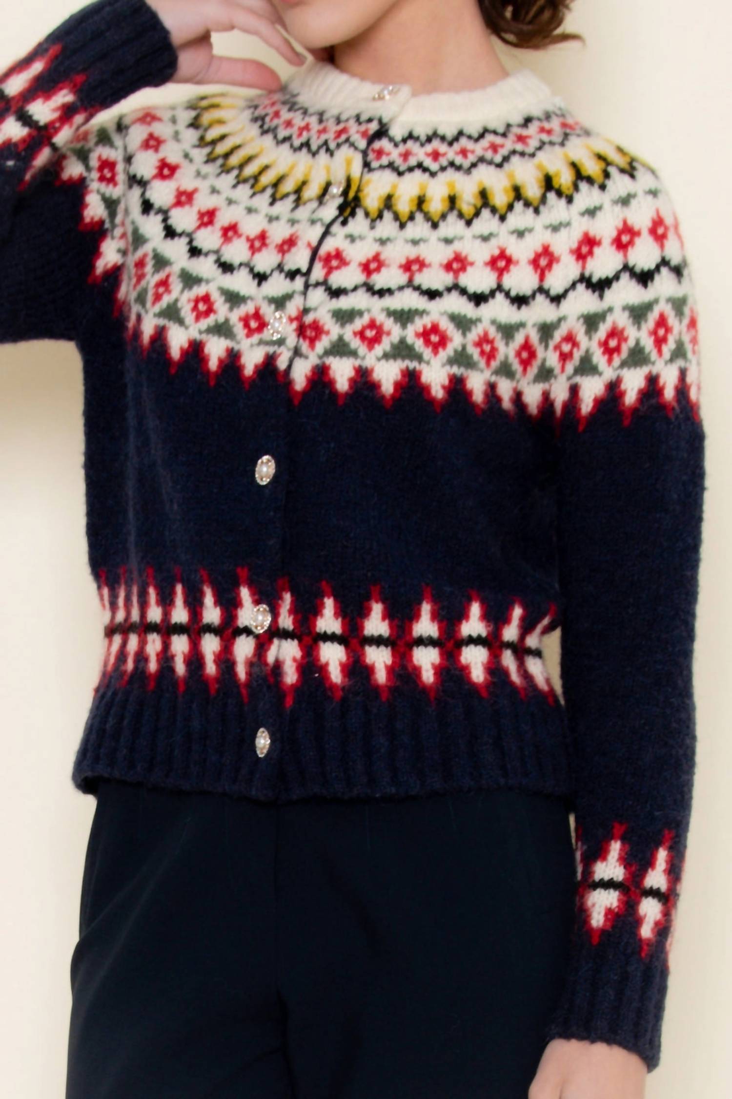 Fore Collection Fair Isle Knit Sweater Cardigan in black multi - women's sweater - view 7