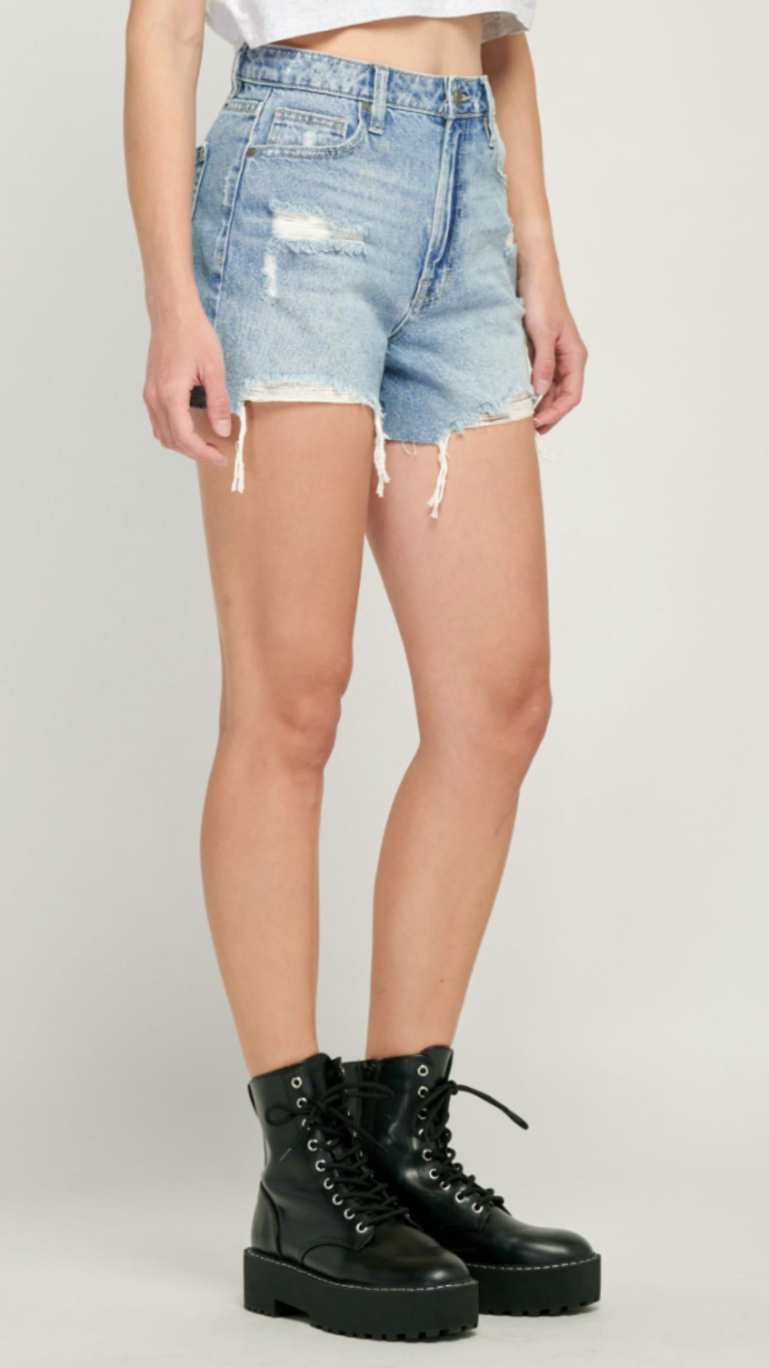 Hidden - High Rise Distressed Mom Shorts