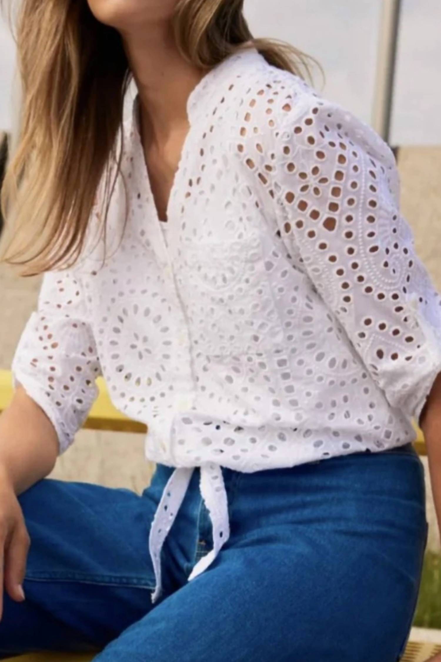 Charlie B - Eyelet Embroidery Tie Front Blouse