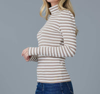 DOWNEAST Essential Striped Turtleneck Top in cocoa stripe - women's long sleeve top - detail view