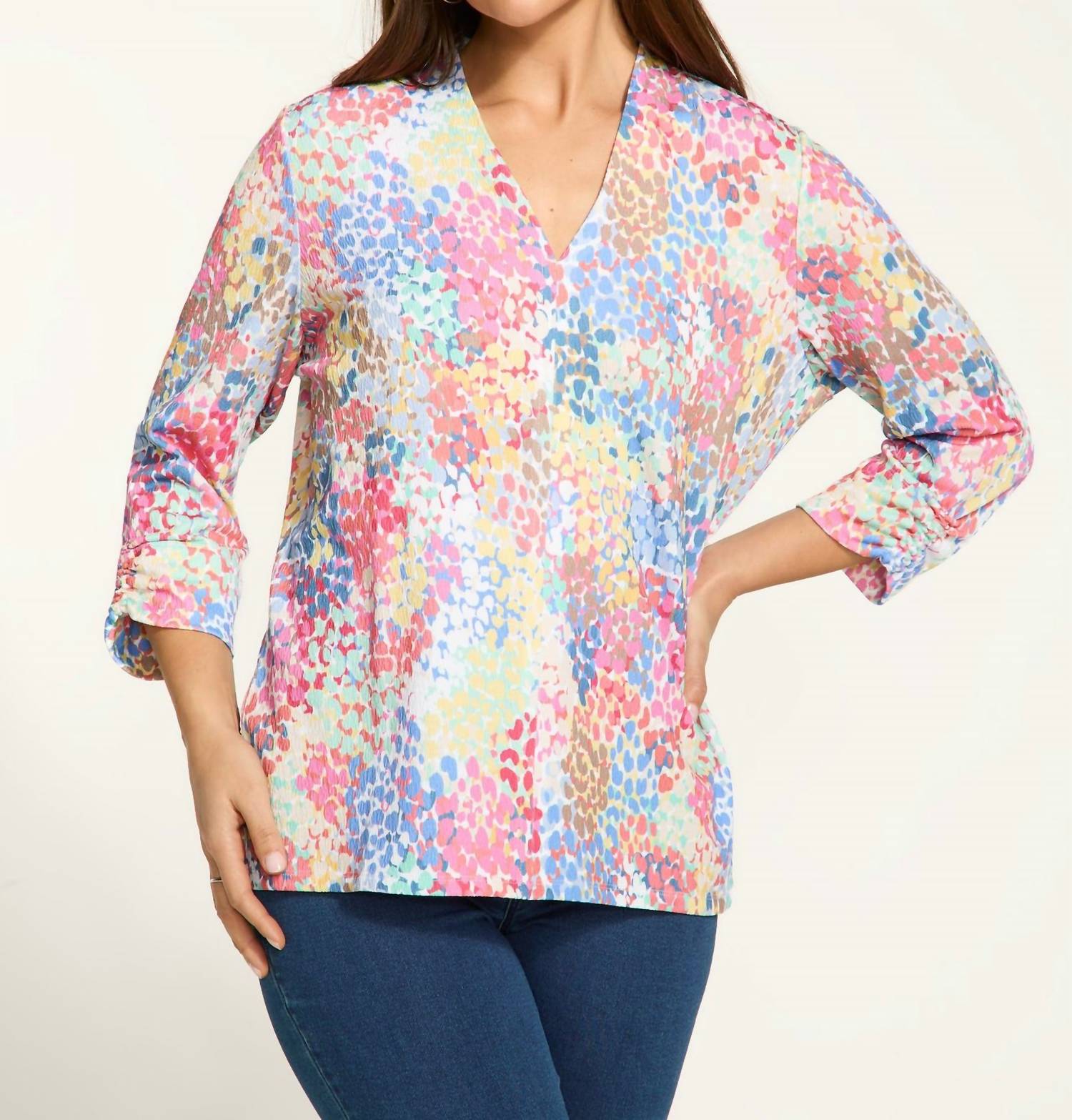 Fdj - 3/4 Sleeve Spectral Print V-Neck Top